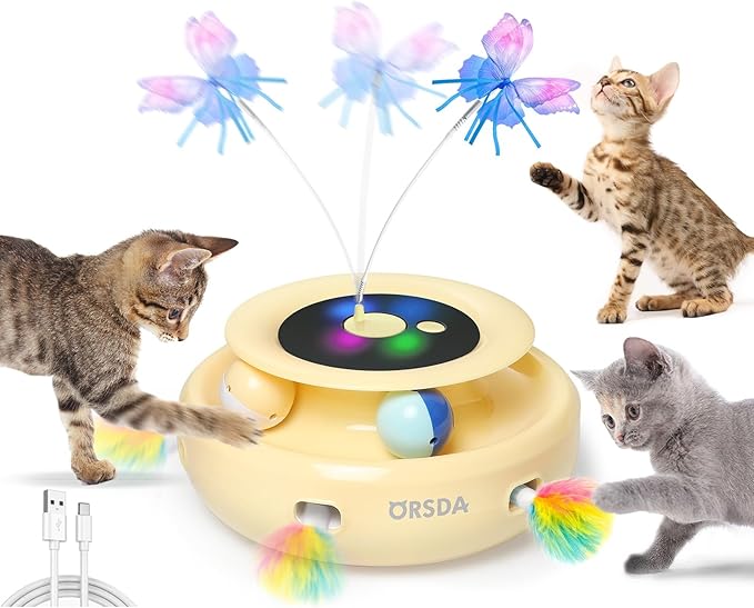 ORSDA Cat Toy, 3-in-1 Automatic Interactive Electronic Moving Ambush Feather, Fluttering Butterfly, Track Balls, USB Rechargeable Powered Smart Indoor Exercise Kicker