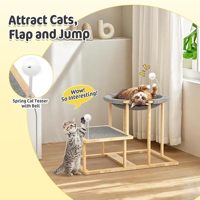 Pawaboo Elevated Cat Hammock Bed, 2-Tier Cats Bed with 2 Teasers, Wooden Cats Furniture with Kitten Scratching Mat,Double Cat Beds Interactive Stair Shaped Pet Hammock for Indoor Kitties Climbing