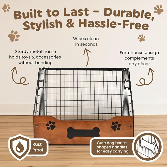 Dog Toy Basket Large – Metal & Wood Dog Toy Bin, Trapezoidal Dog Toy Box with Wide Opening, Farmhouse Dog Toy Storage Organizer for Blankets, Leashes & Accessories, Stylish Basket for Dog Toys