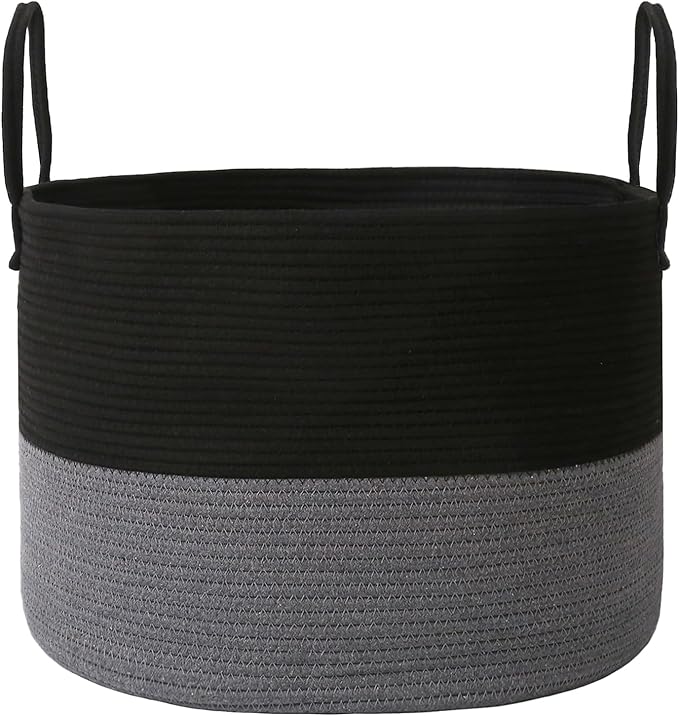65L Extra Large Blanket Basket for Living Room - Woven Cotton Rope Laundry Hamper with Reinforced Handles - Storage Bin for Pillows, Comforters & Toys - Machine Washable,Black&Grey