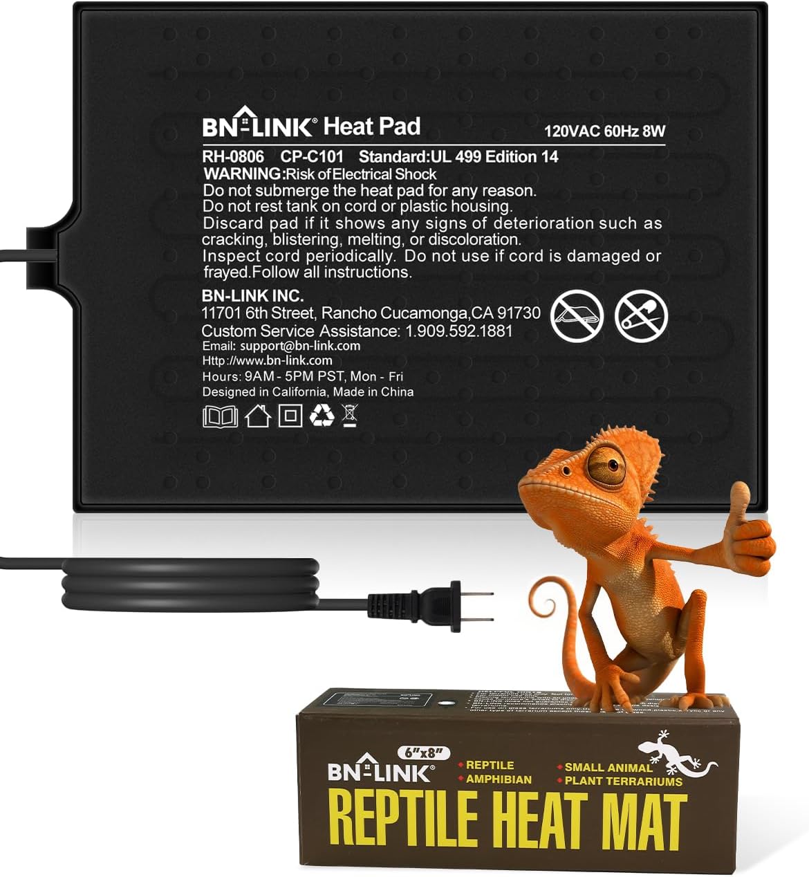 BN-LINK Reptile Heat Pad 6"X8" 8W for 10-20gal Under Tank Terrarium Heating Mat Waterproof for Turtle, Lizard, Frogs, Snake, Hermit Crab