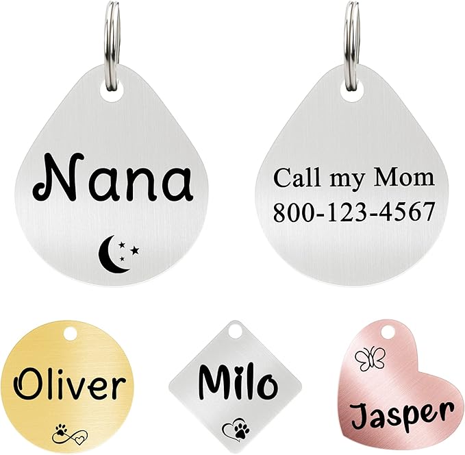 Ultra Joys Cat ID Tag Personalized Pet Tags, Durable Stainless Steel Small Pet Mini Dog Cat Tag Lightweight -Teardrop Tag in Silver