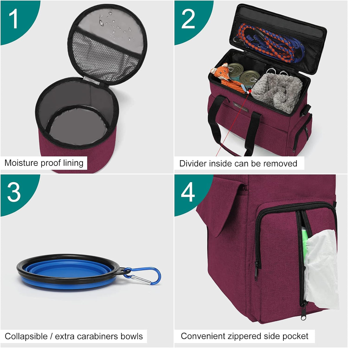 Airline Approved Pet Travel Bag, Weekend Travel Set for Dog and Cat, Airline Approved Tote Organizer with Multi-Function Pockets, 2 Dog Food Storage Containers, 2 Collapsible Bowls (Rose Red)