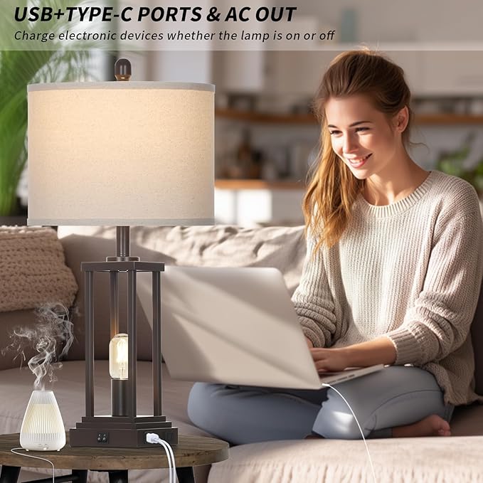 27" Tall Farmhouse Table Lamps Set of 2, Brown Industrial End Table Lamp for Living Room with Night Light, Rustic Bedside Lamps with USB C+A Ports & AC Outlet, Vintage Bedroom Lamp for Nightstand