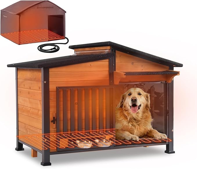 GUTINNEEN Heated Dog House Large Outdoor Insulated Dog Kennel Weatherproof Dog Shelter with Heated Pad, Insulated All-Round Thermal Liner, Chew-Proof Design for Dogs (Brown)