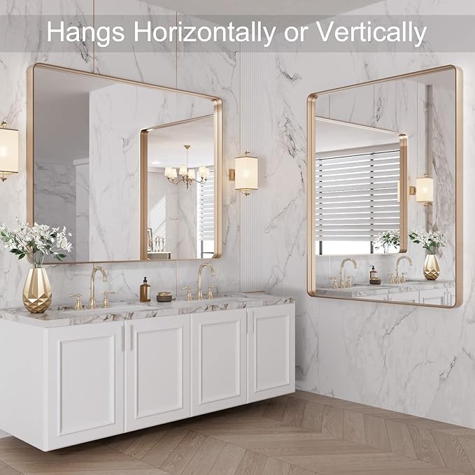LOAAO 40"X32" Gold Bathroom Mirror, Rounded Rectangle Gold Frame Mirror