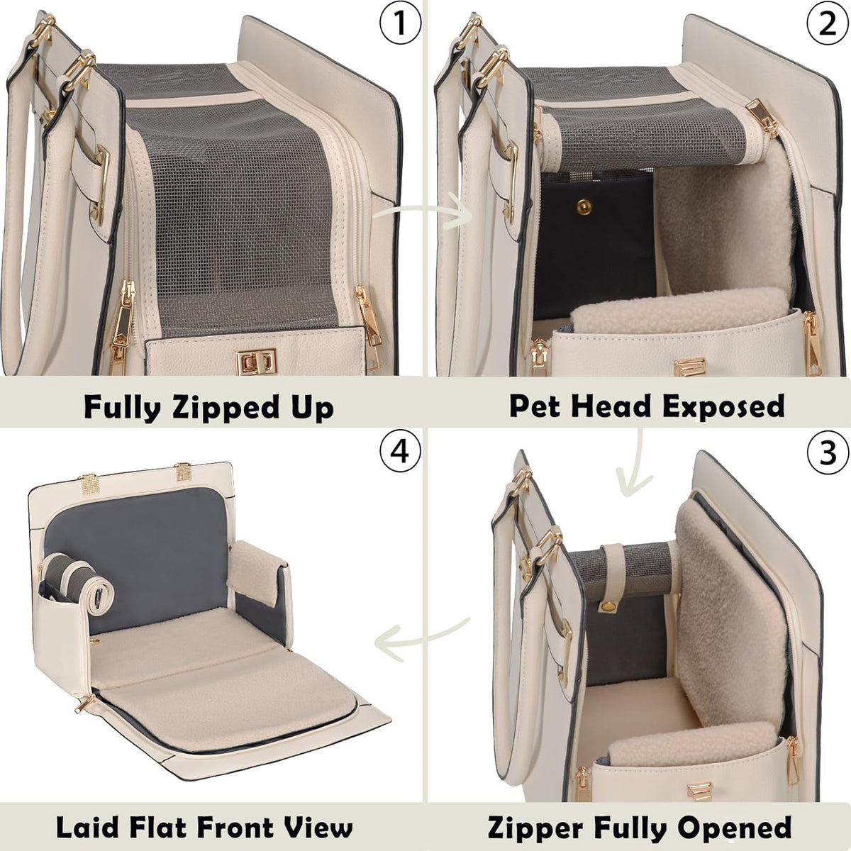 2-in-1 Stylish Dog Purse Carrier Soft-Sided Carriers Travel Tote Bag for Small Dogs Cats, Fashion Foldable Pet Bag for Puppies Small Animals with Pockets (White, 15" L x 7.5" W x 12.2" H)