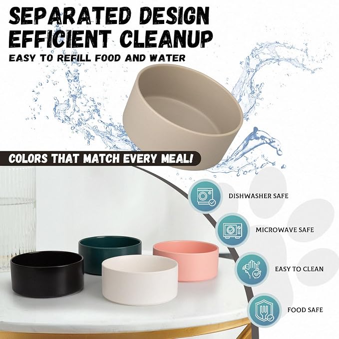 Raised Ceramic Dog Bowl Set with Stand, 2 Cups Elevated Dog Food Stand | 6.1'' Single Dog Food or Water Bowl Set, Non-Slip Dog Feeding Dishes for Small to Medium Breeds, 28.75 OZ, Black