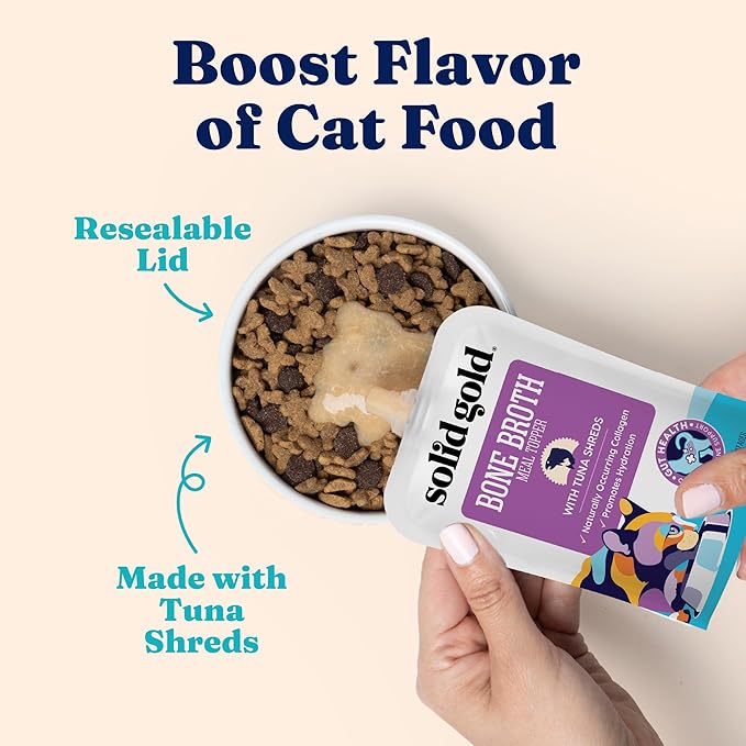 Solid Gold Bone Broth Cat Food Topper - Limited Ingredient Lickable Cat Broth Pouches w/Tuna Protein Shreds & Collagen for Hydration & Gut Support - Easy to Serve Gravy for Cats Meal Topper - 12ct