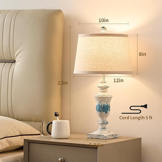 23" Farmhouse Table Lamps Set of 2, 3 Way Dimmable Lamps with 2 LED Bulbs and Rocker Switch, Vintage Nightstand Lamp for Bedroom Living Room Office End Table Entryway, Washed Blue