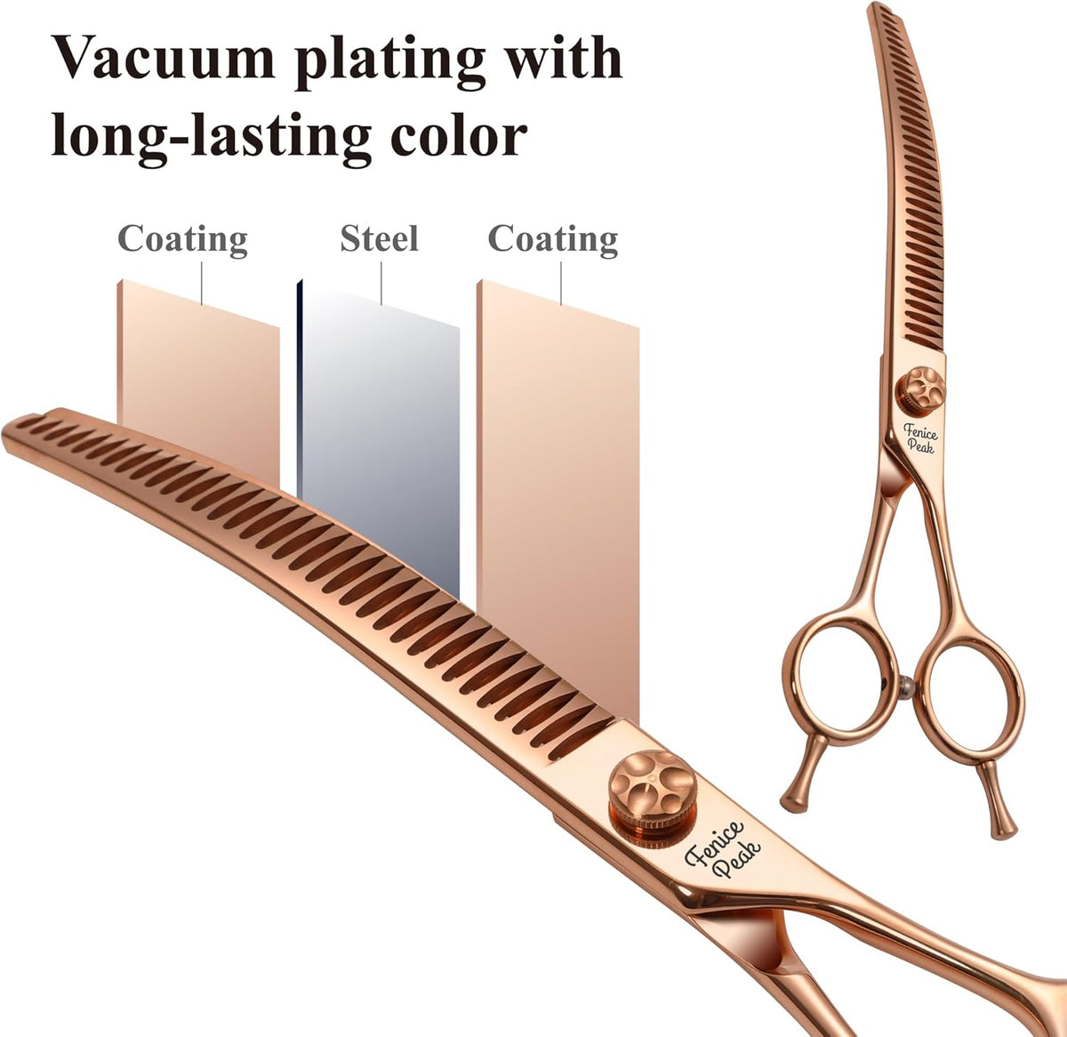 Fenice Peak Professional Dog Grooming Scissors Pet Curved Chunker Shears 7.0'' Extremely Sharp Blades 440C Steel Thinning Scissors Durable Smooth Motion & Fine Cut for Dogs and Cats
