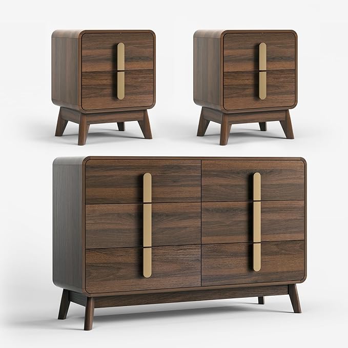 Mid Century Modern Bedroom Set, 6 Drawer Dresser and Nightstand Sets for Bedroom, Night Stand Set 2 & 6 Drawer Dresser with Gold Handles, Wood Chest of Drawers Storage Cabinet Set, Walnut