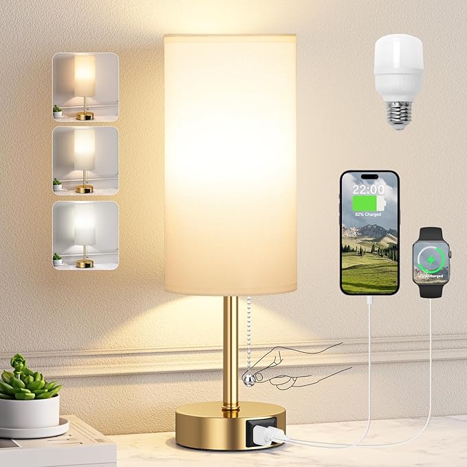 Gold Bedside Lamp for Bedroom Nightstand - Small Table Lamp with USB A + C Charging Port, 3 Color Temperatures Pull Chain Night Stand Light, Side Table Desk Reading Lamp for Living Room/Dorm Room