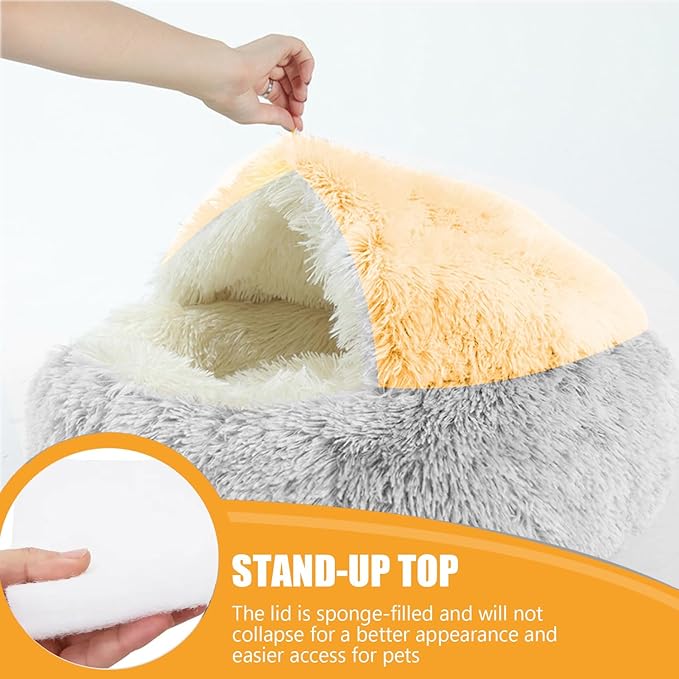 Cat Beds for Indoor Cats,Plush Hooded Cat Cave for Puppy Kitty Small Dog Bed,Removable Washable Non-Slip Bottom Self Warming Round Fluffy Faux Fur Super Soft Calming Sleeping Pet Bed(Gray)