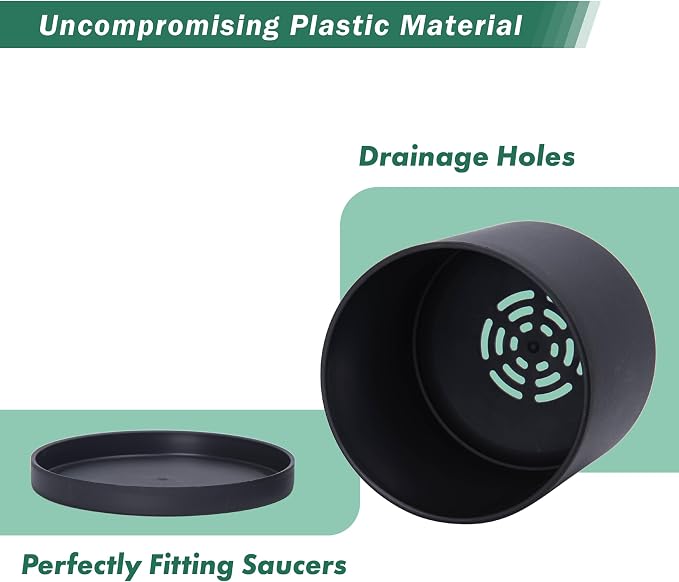 D'vine Dev 4 Pack 5.5 Inch Modern Plastic Plant Pots, Small Garden Planters for Plant with Drainage Holes and Saucers, Black Color, 74-Y-H-2