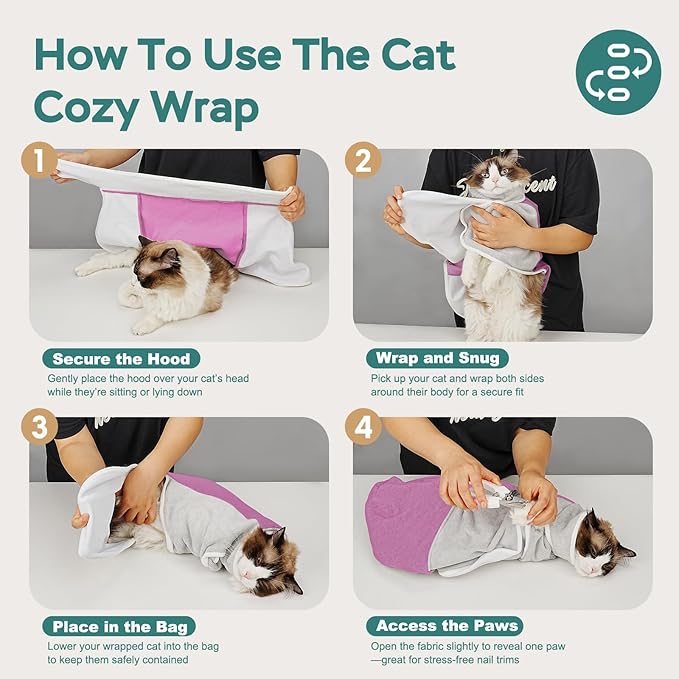 Self-Adhesive Cat Grooming Wrap, Cozy Cat Wrap for Cutting Nails, Breathable Anti-Scratch Cat Swaddle Bag for Brushing, Ear Cleaning, Dental Care, Medication, Injections,Pinkish Purple L