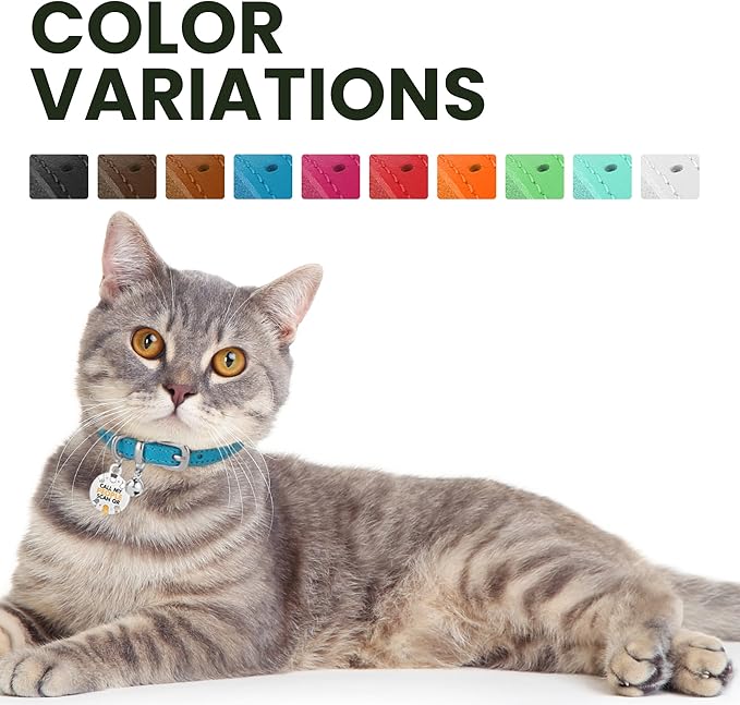 BRONZEDOG Leather Cat Collar with Removable Bells Non Breakaway Kitten QR Tag for Girl Boy (7" - 9" for Cats, Blue & Silver)