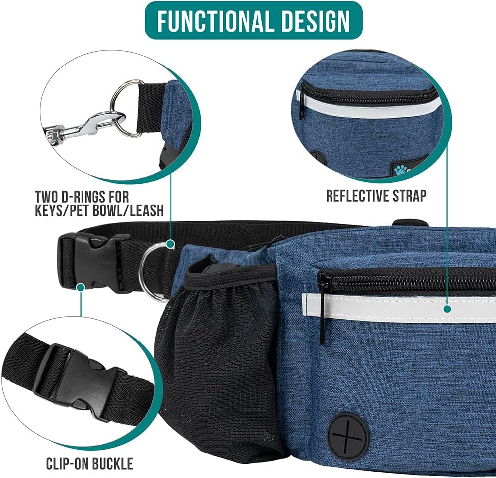 PetAmi Dog Fanny Pack, Treat Pouch for Dog Walking, Training, Built in Poop Bag Dispenser, Water Bottle Holder, Collapsible Bowl, Pet Treat Waist Belt for Hiking, Running, Kibbles (Navy Blue)