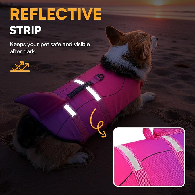 Dog Life Jacket High Flotation, Reflective Dog Life Vest for Swimming, Adjustable Dogs Life Preserver Rescue Handle Spring Summer Pool for Small, Medium, Large Dogs (Pink Purple,M)