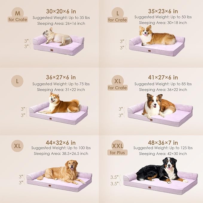 EHEYCIGA Orthopedic Dog Bed, Medium Memory Foam Dog Bed, Lilac | Small Dog Sofa with Washable Removable Cover, Waterproof Pet Couch for Crate with Nonskid Bottom, 35x22x6