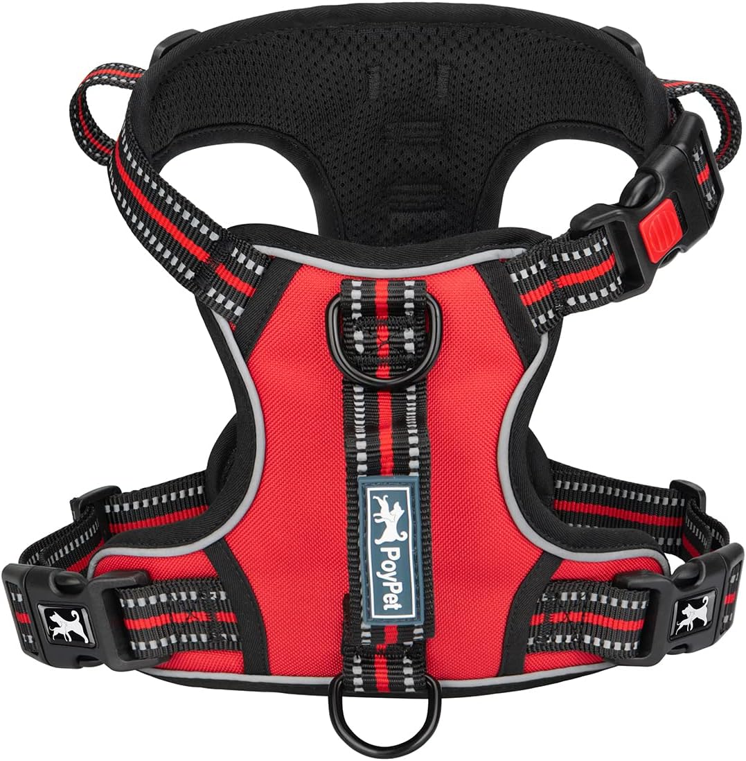 PoyPet No Pull Dog Harness, No Choke Front Clip Reflective Dog Vest with Soft Padded Vertical Handle, 3 Leash Attachments for Small Medium Large Dogs (Red,M)
