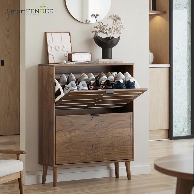 Shoe Cabinet with 2 Flip Drawers, Freestanding Shoe Storage Cabinet with Fluted