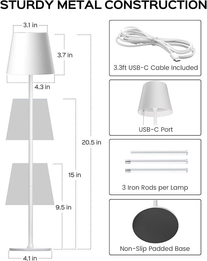 JACKYLED Cordless Table Lamps Rechargeable, 3 Adjustable Height, 5000mAh Battery Operated, 3 Colors Smooth Dimming, Portable LED Waterproof Table Lamp for Dining, Bedroom, Outdoor (2 Pack)