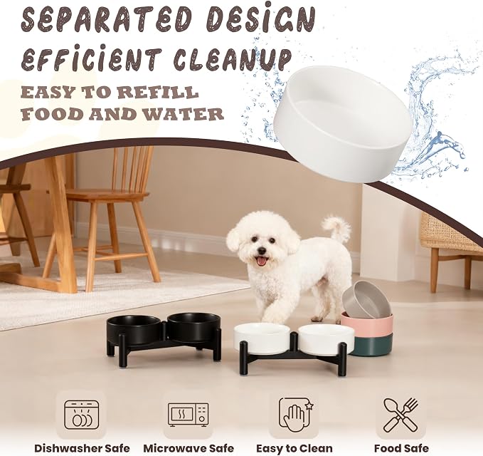 Raised Ceramic Dog Bowl Set with Stand, 1.6 Cups Elevated Dog Food Stand | 5.1'' Double Dog Food and Water Bowl Set, Non-Slip Dog Feeding Dishes for Small Breeds and Cats, 10.8 OZ, Green