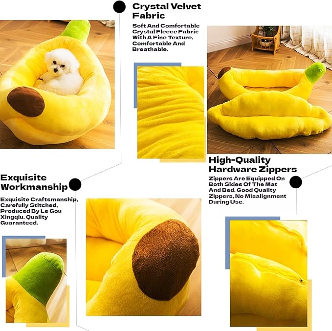 Banana Pet Bed for Small Dogs and Cats, Cozy Enclosed Calming Cave Bed with Removable Plush Cushion for Indoor Kittens Puppies Small Pets (Banana Bed + Bone Toy, Medium)