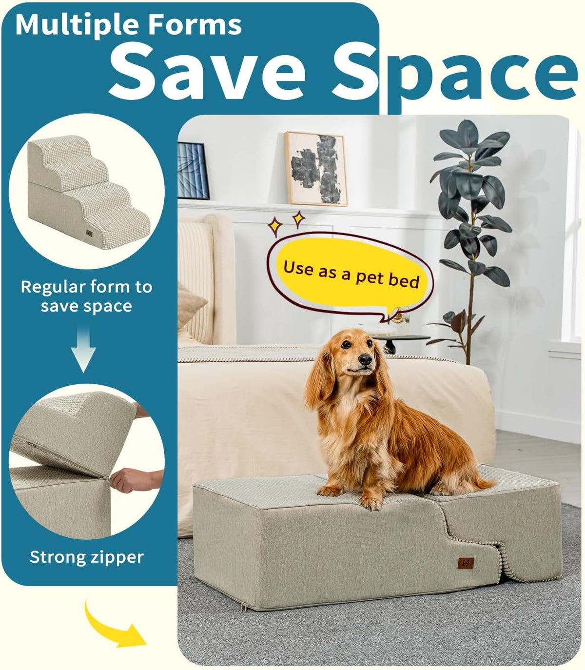 Dog Step for Bed, Dog Stair 4-Step 35D Pet Stair 19.7" H for High Bed or Sofa Non-Slip Balanced Pet Step Indoor, Beige