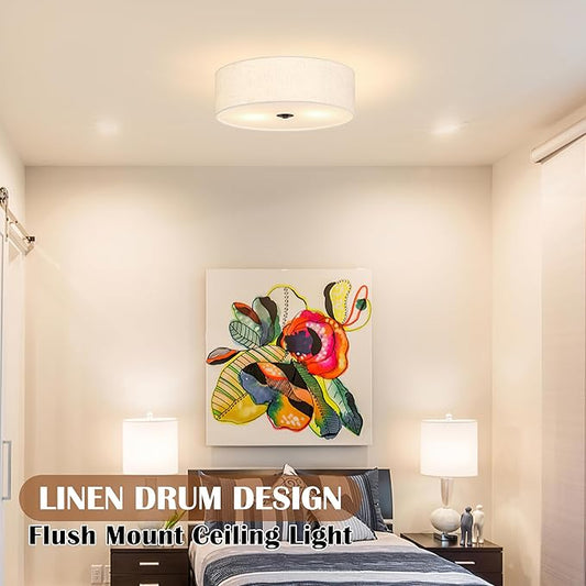 12.6 Inch Flush Mount Ceiling Light 2-Light Drum Modern Black Light Fixture Ceiling Light Fixture Close to Ceiling Light Fixture with Fabric Shade for Living Room Hallway Entryway Kitchen Bedroom