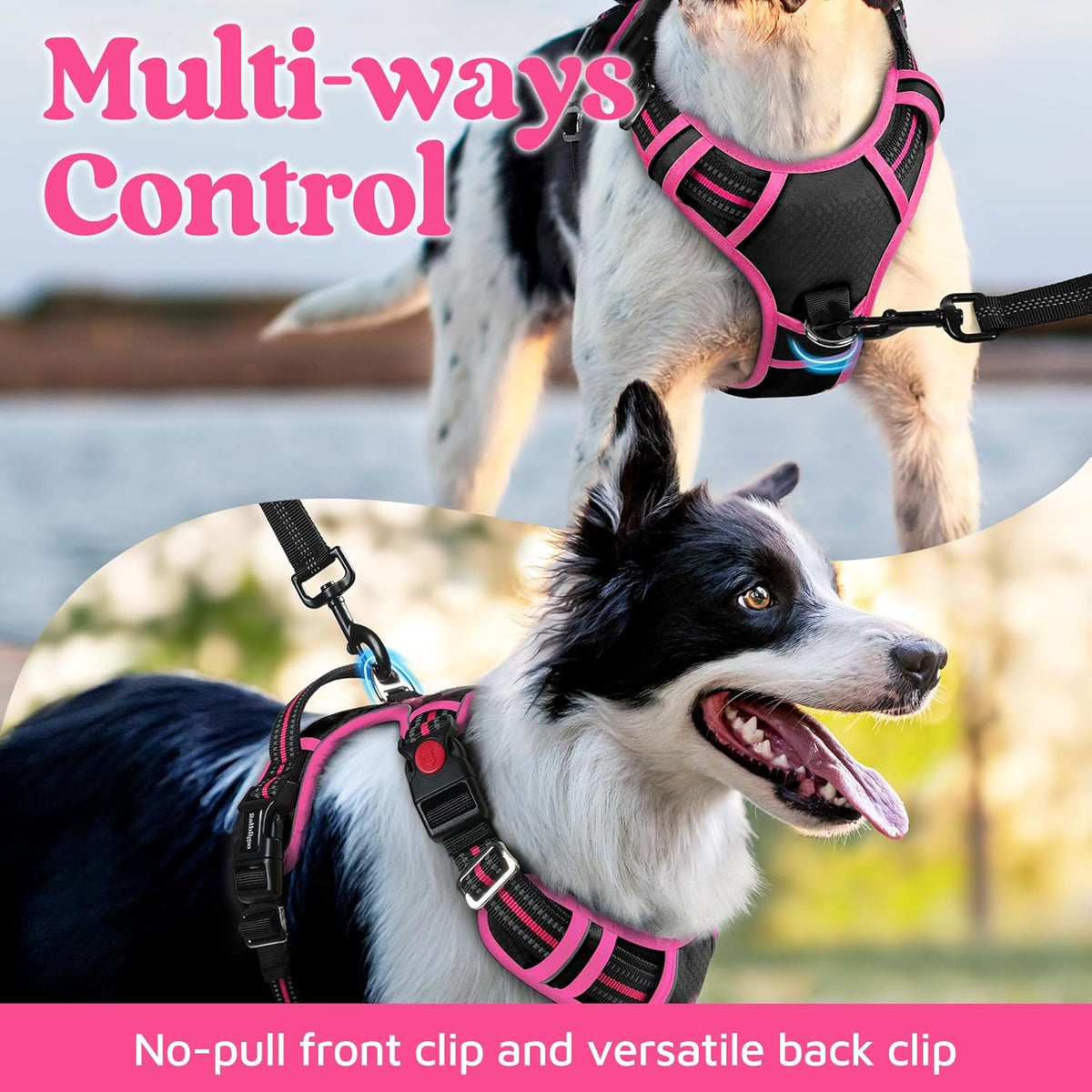 rabbitgoo Dog Harness for Large Dogs, No Pull Pet Vest with 3 Buckles, Adjustable Soft Padded Pet Harness with Easy Control Handle and Reflective Strips, Black & Rose Pink, L
