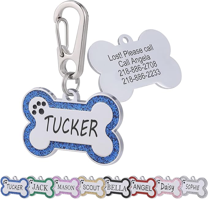 Personalized Stainless Steel Pet ID Tags with Glittery Bone Design - DEEP Engraved Dog Tags Engraved for Pets Customized with 5 Lines Dogs and Cats Pets