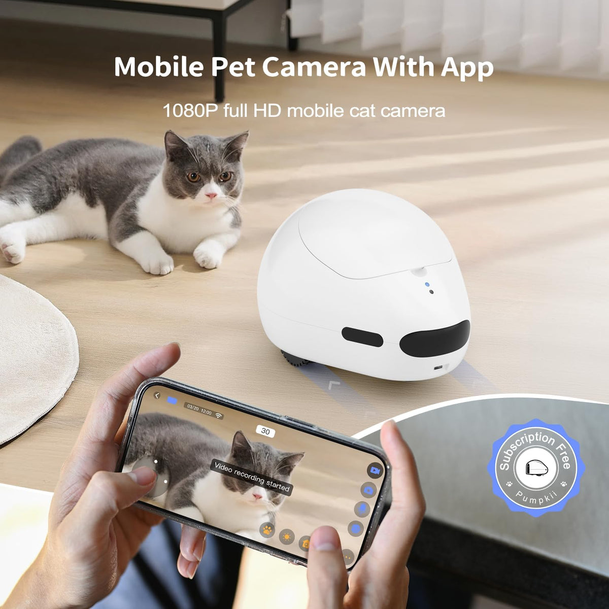 Cat Camera with Interactive Pointer Toy, Moving Robot for Dog and Cat, Mobile Pet Camera Treat Dispenser with Phone App, Auto Recharging and Night Vision, Two-Way Audio (2.4G Wi-Fi Only)