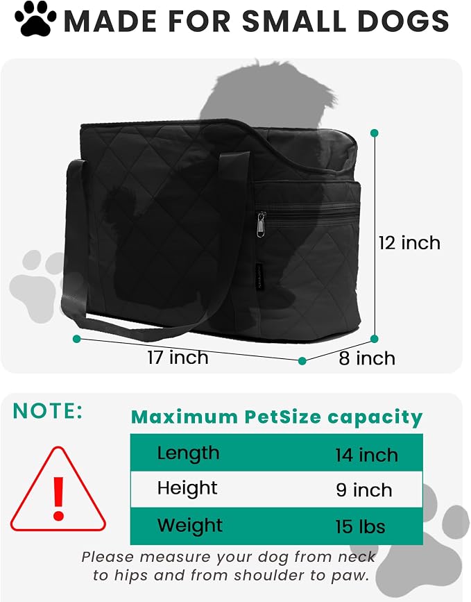 Lightweight Dog Purse Carrier for Small Dogs up to 15 lbs, Dog Tote Bag Puppy Carrier, Soft Plush Interior, Safety Leash Clip, 4 Side Pockets Dog Carrier Bag for Travel & Walking, Black