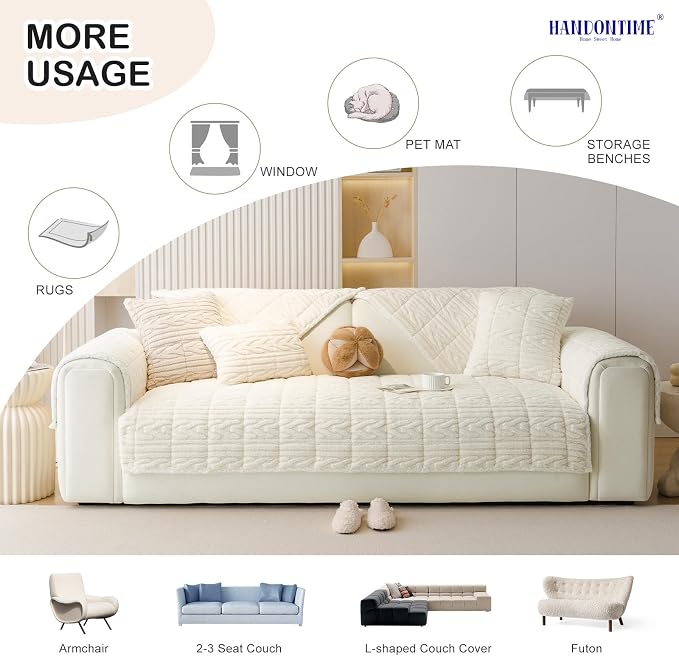 HANDONTIME Jacquard Couch Cushion Cover for Dogs, Beige, 35.4" x 70.9" | Washable, Fuzzy, Geometric Jacquard, Non-Slip, Pet-Friendly