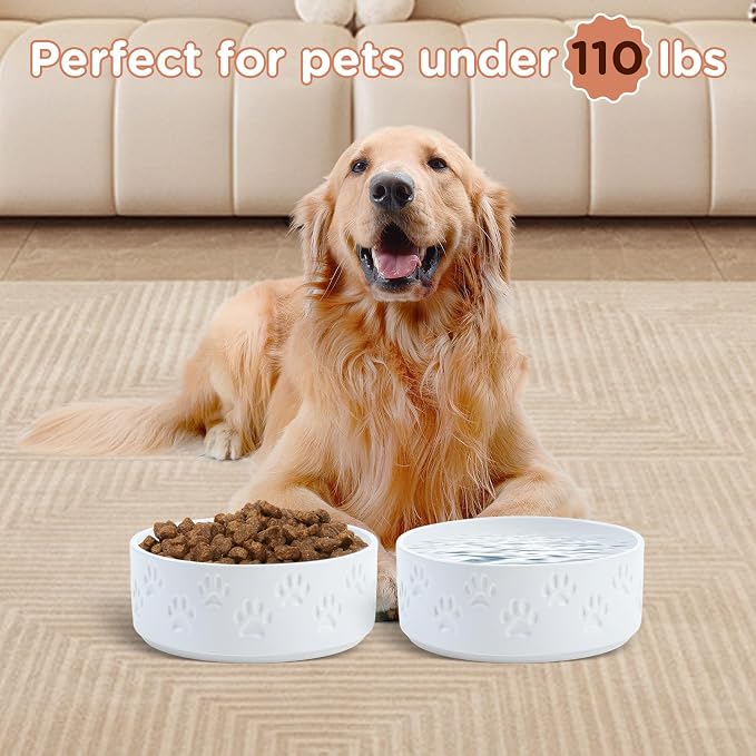 SPUNKYJUNKY Ceramic Dog Bowls 2 Pack, 8.3'' Dog Food Water Double Feeding Bowls Non-Slip for Medium to Large Sized Breed Microwave Dishwasher Safe - 60 OZ, 2pcs, Paw White