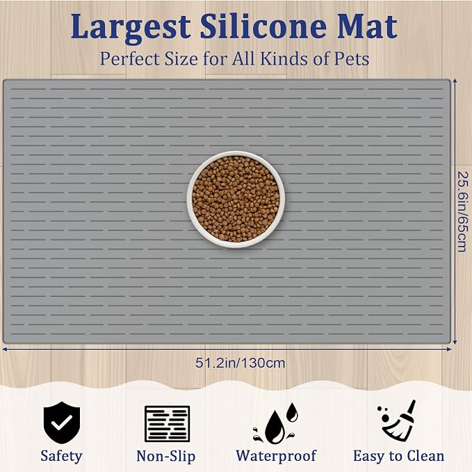 XXXXL Largest Pet Food Mat, 51.2"x25.6"(130cmx65cm) Silicone Dog Mats for Food and Water, Nonslip Pet Feeding Mats for Floors,Dog Cat Bowl Mat with Raised Edges, Light Gray