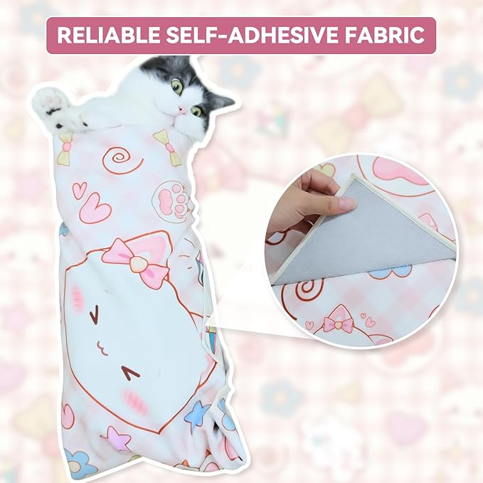 Cat Grooming Wrap for Cutting Nails, 21.6" Anti-Escape Calming Cat Swaddle Wrap for Medicine, Nail Clipping, Teeth Brushing, Ear Cleaning, Self-Adherent Burrito Restraint, (Happy Kitty, M)