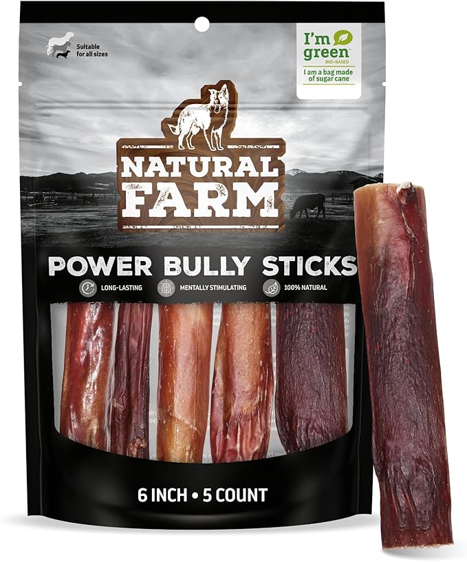 Natural Farm Power Bully Sticks Dog Chews (6”, 5-Pack), 2-in-1 Power Chews: Premium Beef Cheek Wrapped in Beef Pizzle, Long-Lasting, Great Dog Dental Treats Fro Small, Medium & Large Dogs