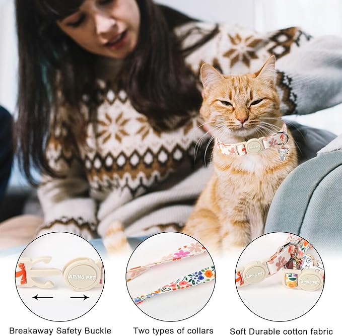 ARING PET 2 Pack Cat Collars-Cute Breakaway Cat Collar with Bell & Pendant, Adjustable Floral Pattern Female Kitten Collars with Safety Buckle for Girl and Boy Cats