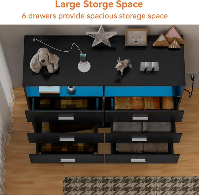 Dresser with Power Outlets and LED Lights Wooden 6 Drawer Dresser with Large