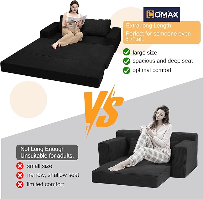 COMAX Convertible Sofa Bed Queen, Corduroy Folding Floor Couch Pull Out Couch Bed Futon Sleeper with Pillows, Fold Out Boneless Sofa Comfy Lounge Mattress Loveseat for Living Room Bedroom, Black