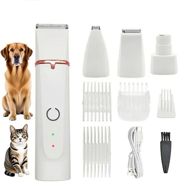 4 in1 Pet Dog Grooming Clippers Cat Nail Clipper&Paw Trimmer Dog Hair Trimmer-Low Noise Rechargeable - Cordless Quiet Pet Grooming Supplies for Dogs Hair Nail Clippers Around Eyes and Ears(White)