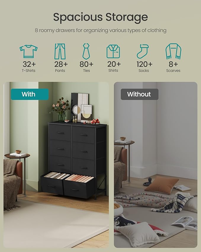 SONGMICS Dresser for Bedroom, Chest of Drawers, 8 Non-Woven Fabric Drawers