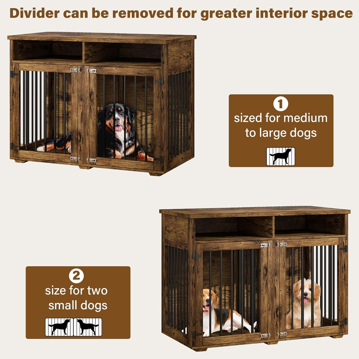 Furniture Dog Crate for 2 Dogs, 41 Inch Dog Kennel Furniture with Removable Divider and Shelf Storage, Wooden Dog Crate for Small/Medium Dogs, Rustic Brown