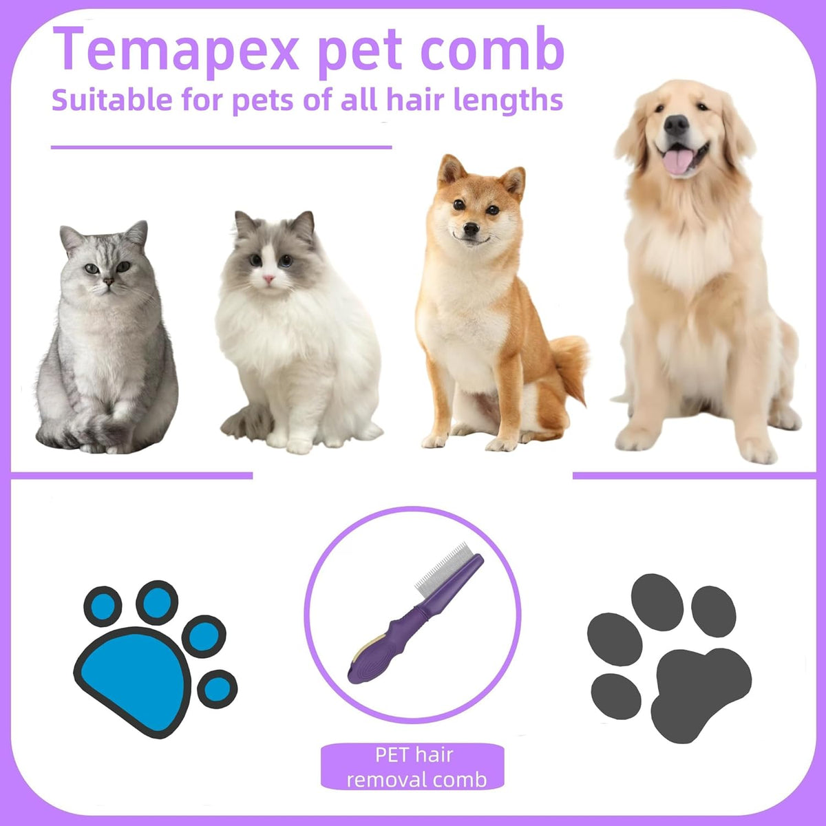 Pet Comb for Dogs & Cats with Long & Short Stainless Steel Metal Teeth For Shedding and Tangles, Non-Slip & Anti-Static Rubber Handle, Safe & Gentle Pet Grooming Comb