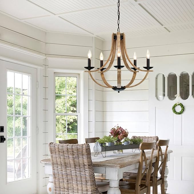 Farmhouse Chandeliers for Dining Room Light Fixture, 5-Light 24 inch Faux Wood Texture Hanging Lighting Fixtures, Rustic Candle Chandeliers for Living Room Kitchen Island Foyer Entryway