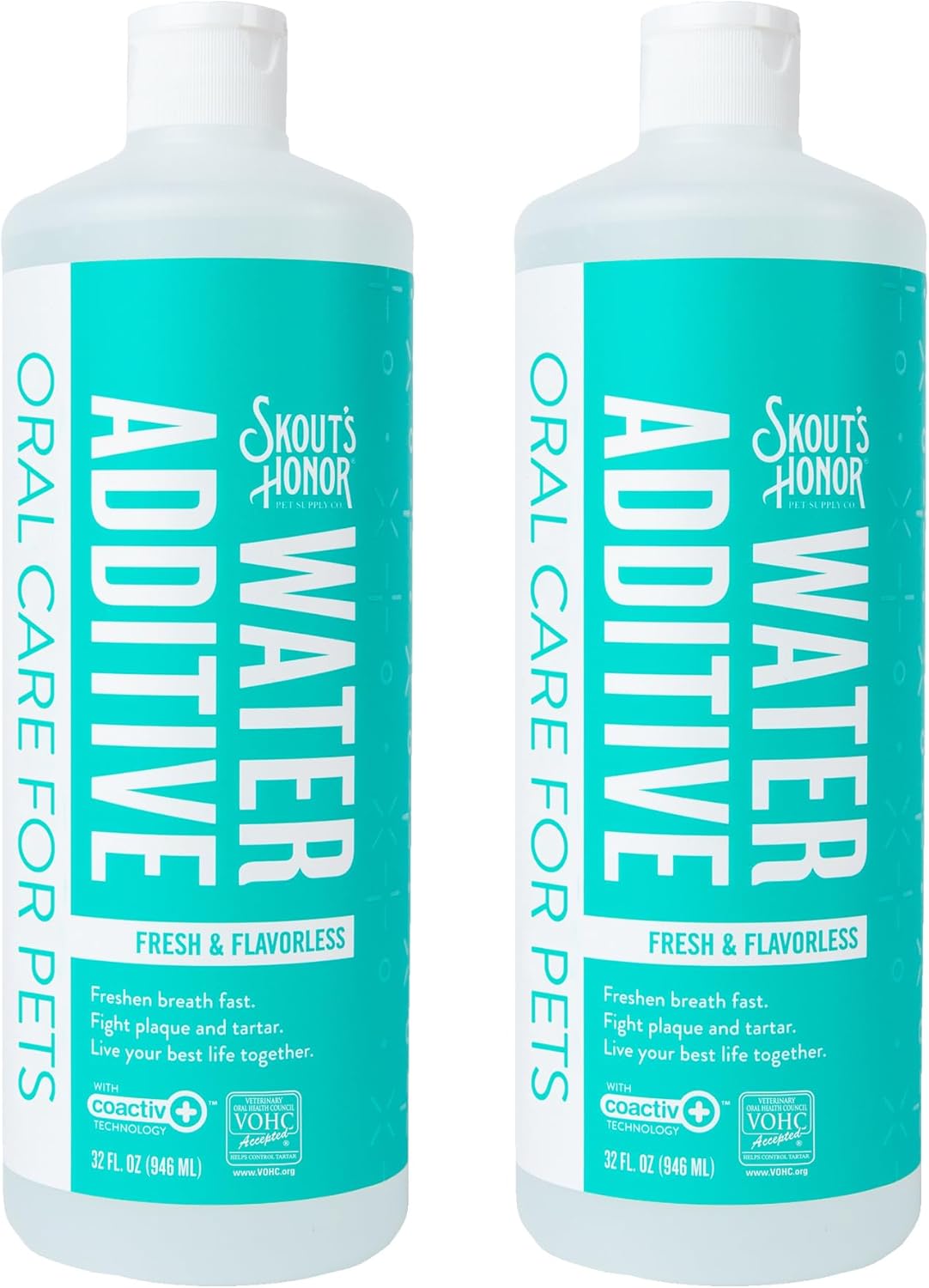 SKOUT'S HONOR Fresher Breath Water Additive for Pets - VOHC Accepted for Tartar Control, Freshens Breath Fast, No Brushing Required, 32 oz, 2-Pack
