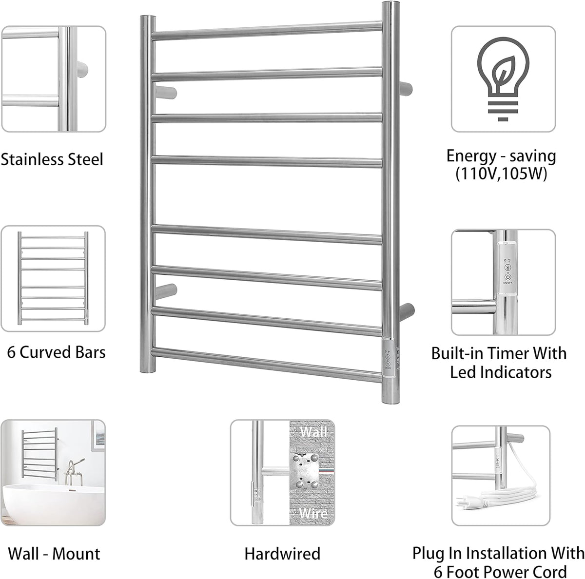 KEG Towel Warmer Wall Mounted with Built-in Timer 8 Bars Electric Stainless Steel Heated Towel Racks for Bathroom, Hot TW-8-PC Towel Warmer 8 bars polish chrome
